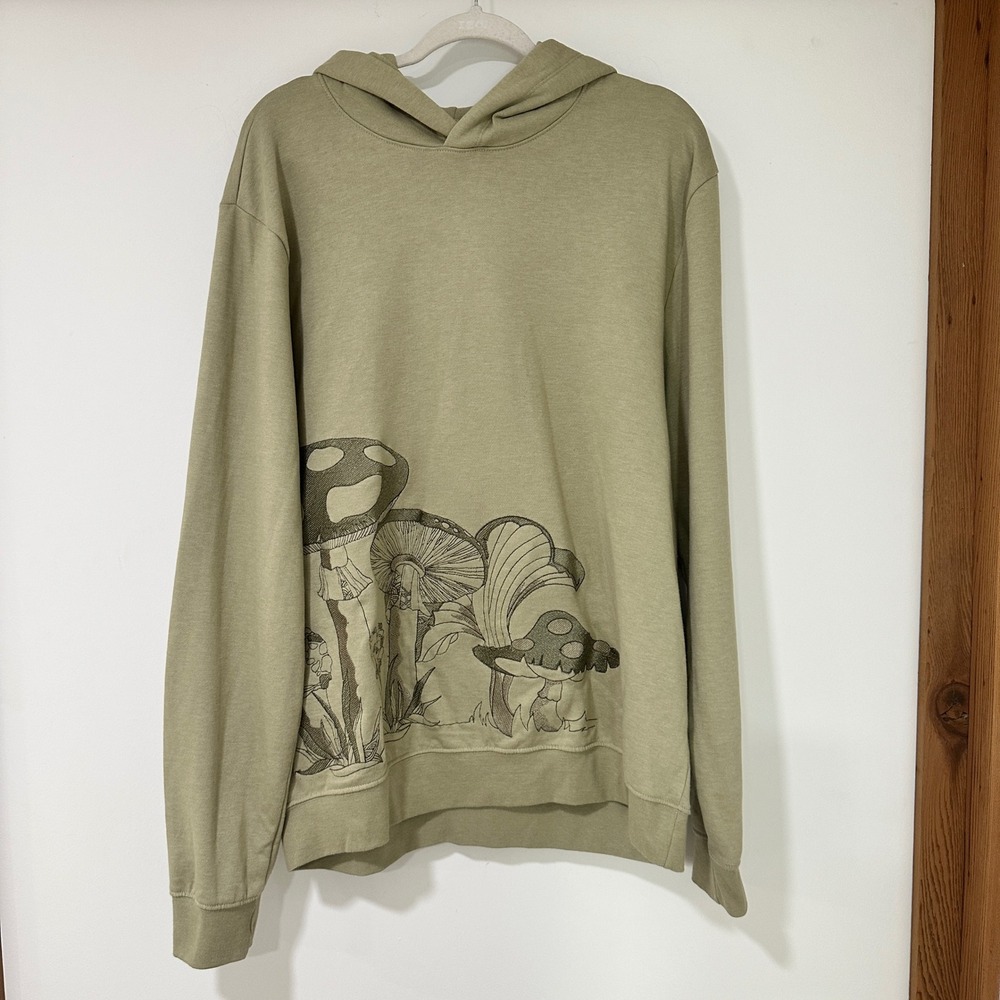 Blind Rooster Mens Mushroom Graphic Hoodie Size L Olive Green Pullover Fleece